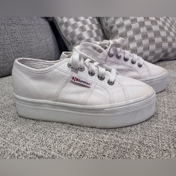 Superga White Napa Platform Sneaker Shoe Canvas Rubber Sole Laces Sz 6 - Picture 2 of 10